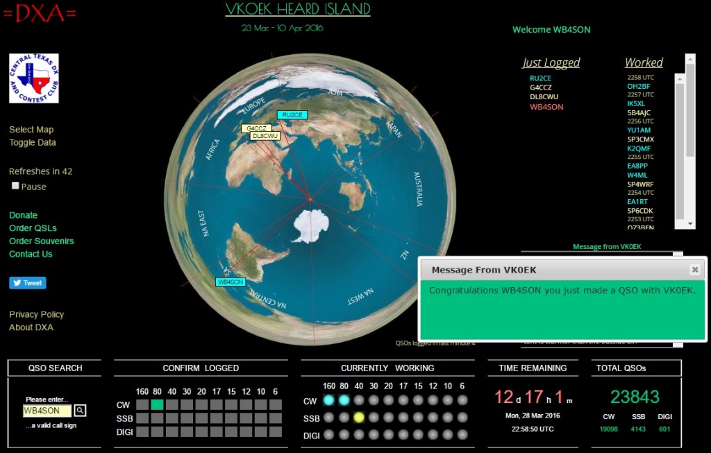DX Atlas Showing a Successful 80-m QSO with VK0EK